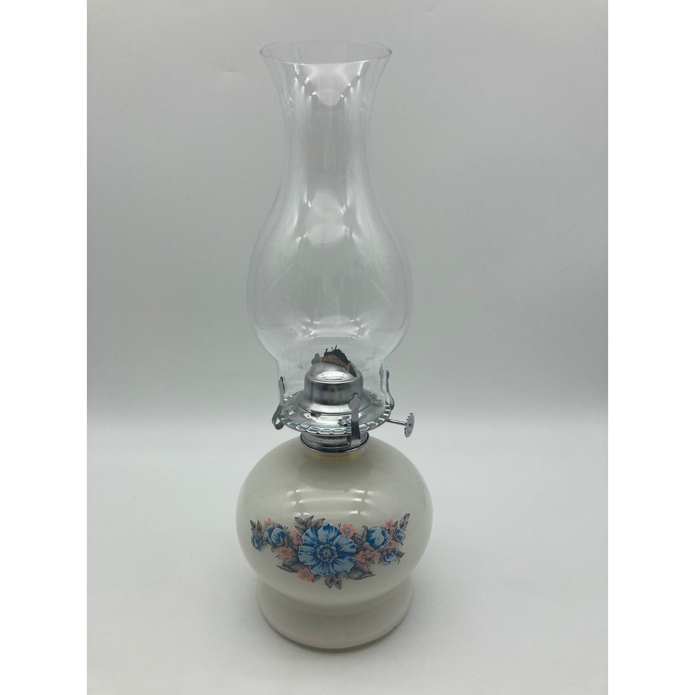 Vintage Lamplight Farms Oil Lamp Floral Ceramic Base Clear Glass Chimney 15"